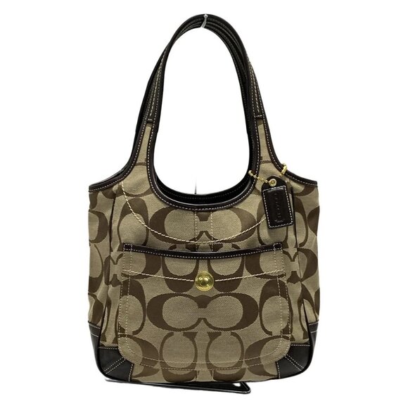 Auth COACH Ergo SignatureTote F11292 Khaki Dark Brown Jacquard Leather - Picture 1 of 8